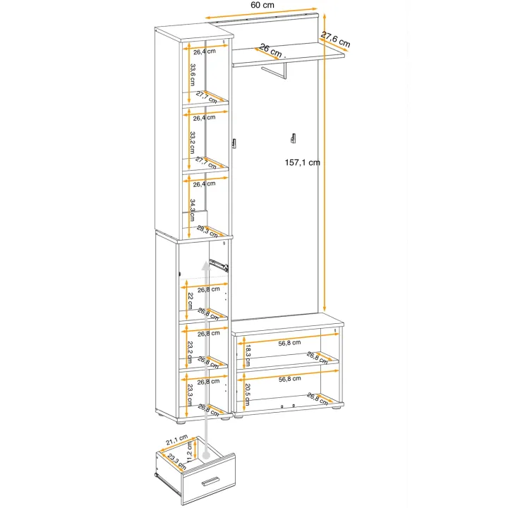 Mobile ingresso 90x203h cm con appendiabiti rovere rustico antracite stampa a righe California 1 Gihome®