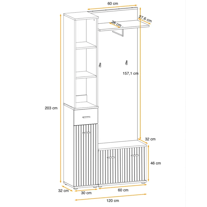 Mobile ingresso 90x203h cm con appendiabiti rovere rustico antracite stampa a righe California 1 Gihome®