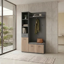 Mobile ingresso 90x203h cm con appendiabiti rovere rustico antracite stampa a righe California 1 Gihome®