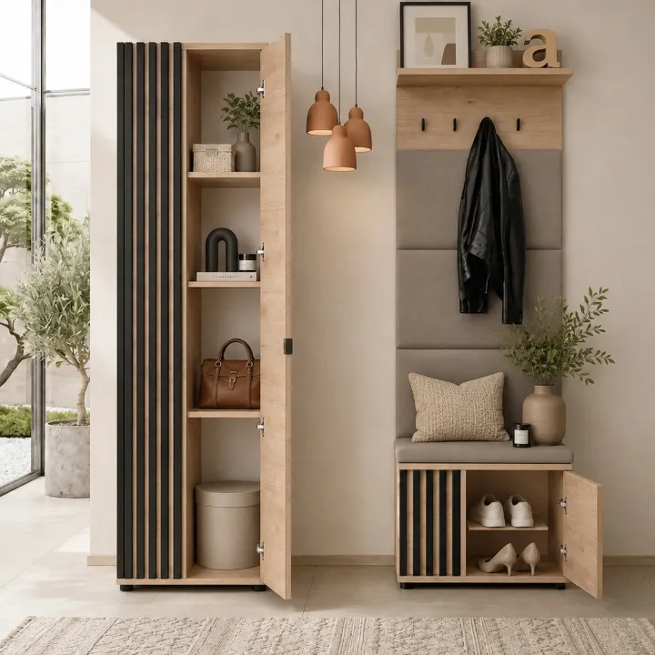 Mobile ingresso 150x202h cm con appendiabiti cannettatto rovere nero Berlino
