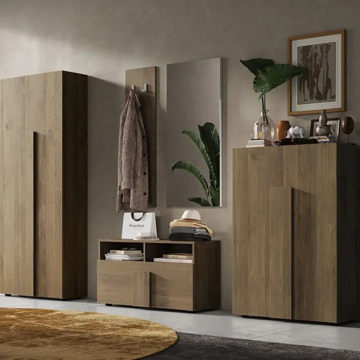 Mobile ingresso 91x174h cm con scarpiera e specchio moderno rovere scuro Alvarez