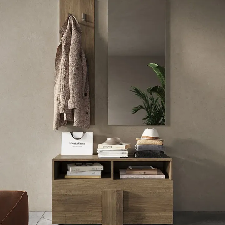 Mobile ingresso 91x174h cm con scarpiera e specchio moderno rovere scuro Alvarez