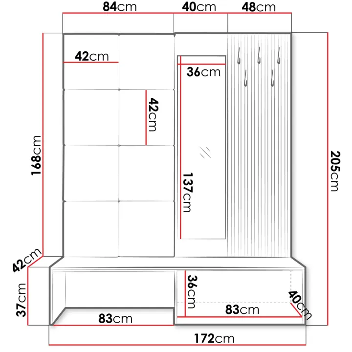Mobile ingresso 172x205h cm con scarpiera e specchio rovere rustico bianco Welly 3