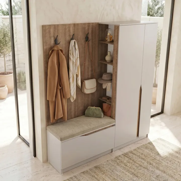 Mobile ingresso 160x189h cm con scarpiera e appendiabiti rovere scuro beige cashmere Karpathos
