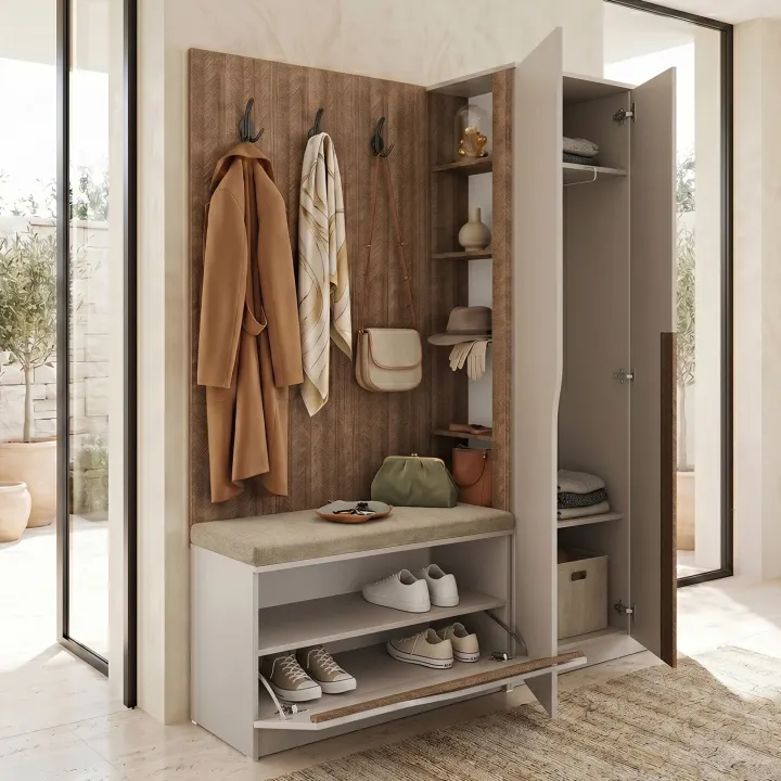 Mobile ingresso 160x189h cm con scarpiera e appendiabiti rovere scuro beige cashmere Karpathos