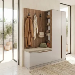 Mobile ingresso 160x189h cm con scarpiera e appendiabiti rovere scuro beige cashmere Karpathos
