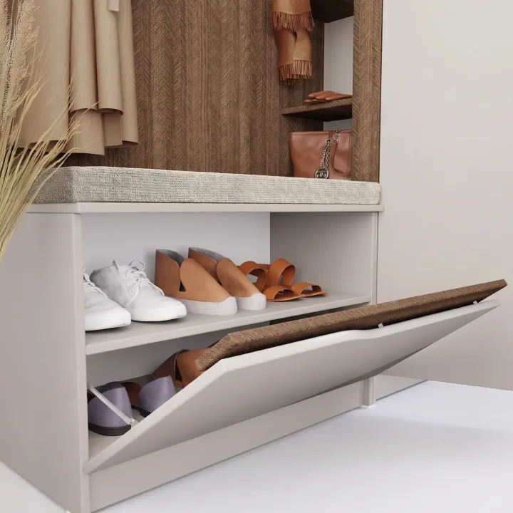 Mobile ingresso 160x189h cm con scarpiera e appendiabiti rovere scuro beige cashmere Karpathos