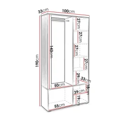 Mobile ingresso 100x190h cm con specchio bianco nero Umea