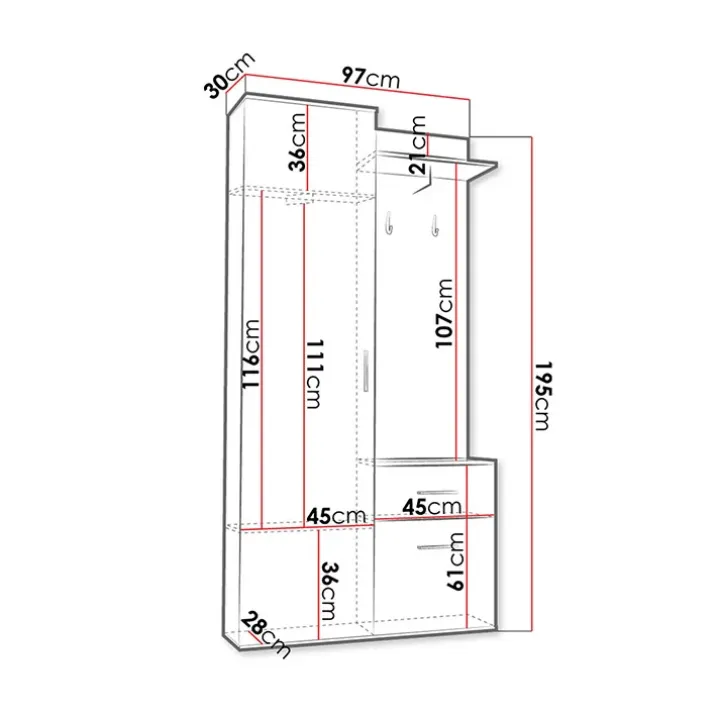 Mobile ingresso 97x195h cm con specchio 1 cassetto 2 ante rovere nero Assen