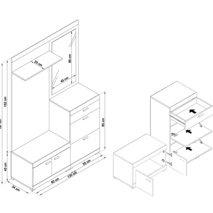 Mobile ingresso 135x197h cm con specchio bianco rovere Mare Gihome®