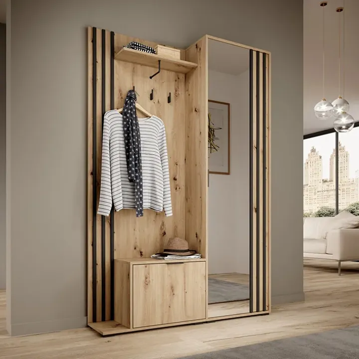 Mobile ingresso 132x192h cm con specchio moderno quercia nero Miller