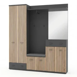 Mobile ingresso 180x203h cm con specchio e appendiabiti rovere rustico antracite stampa a righe California 3 Gihome®