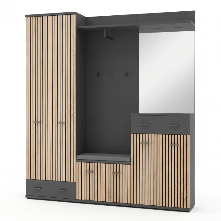 Mobile ingresso 180x203h cm con specchio e appendiabiti rovere rustico antracite stampa a righe California 3 Gihome®