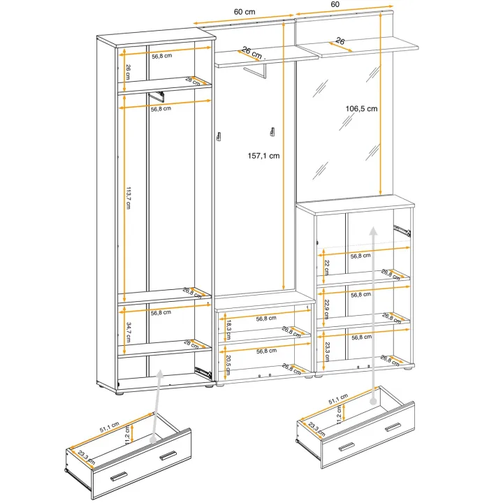 Mobile ingresso 180x203h cm con specchio e appendiabiti rovere rustico antracite stampa a righe California 3 Gihome®