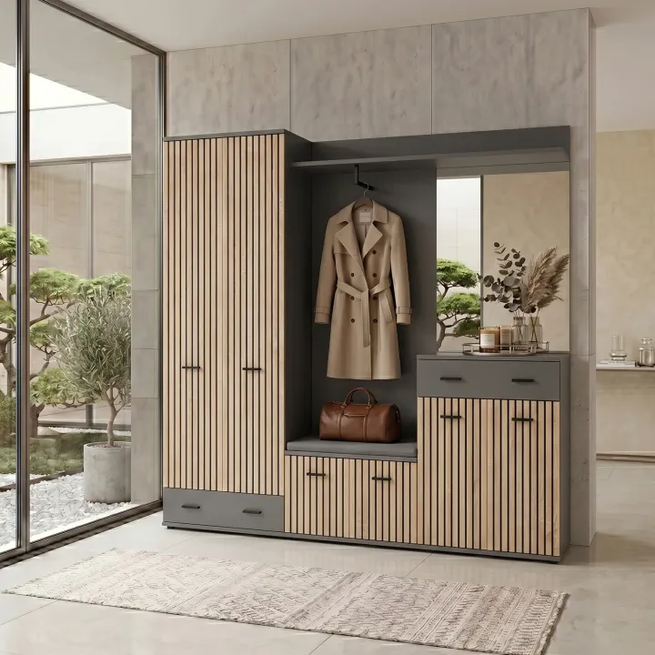 Mobile ingresso 180x203h cm con specchio e appendiabiti rovere rustico antracite stampa a righe California 3 Gihome®