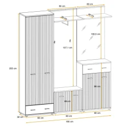 Mobile ingresso 180x203h cm con specchio e appendiabiti rovere rustico antracite stampa a righe California 3 Gihome®