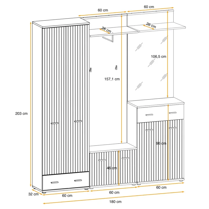 Mobile ingresso 180x203h cm con specchio e appendiabiti rovere rustico antracite stampa a righe California 3 Gihome®