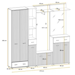 Mobile ingresso 210x203h cm con specchio e appendiabiti rovere rustico antracite stampa a righe California 4 Gihome®