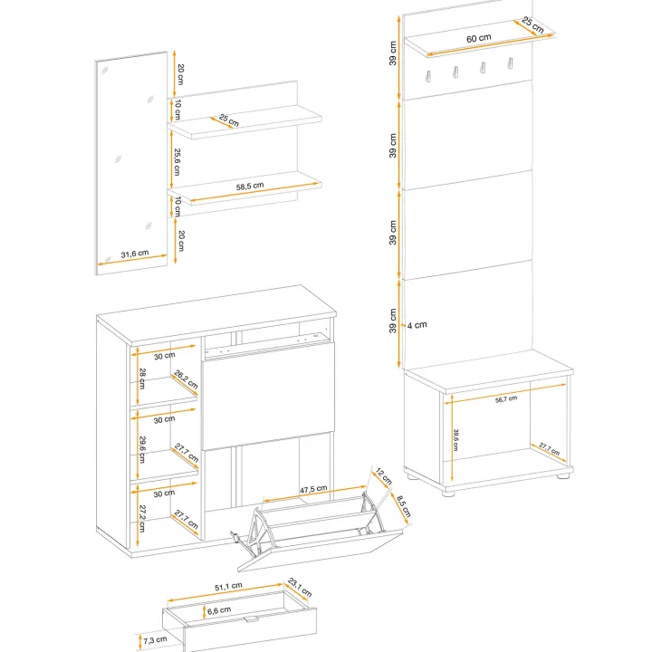 Mobile ingresso 170x195h cm con specchio ed appendiabiti cannettatto rovere nero Berlino