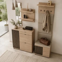 Mobile ingresso 170x195h cm con specchio ed appendiabiti cannettatto rovere nero Berlino