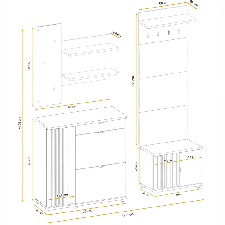 Mobile ingresso 170x195h cm con specchio ed appendiabiti cannettatto rovere nero Berlino