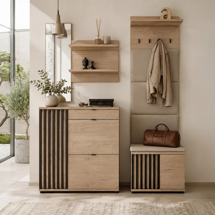 Mobile ingresso 170x195h cm con specchio ed appendiabiti cannettatto rovere nero Berlino