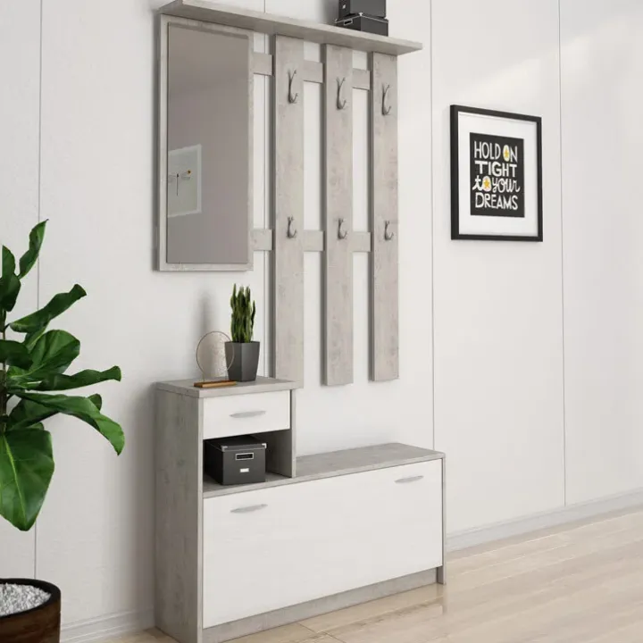 Mobile ingresso 100x190h cm moderno bianco frassinato cemento Thomas