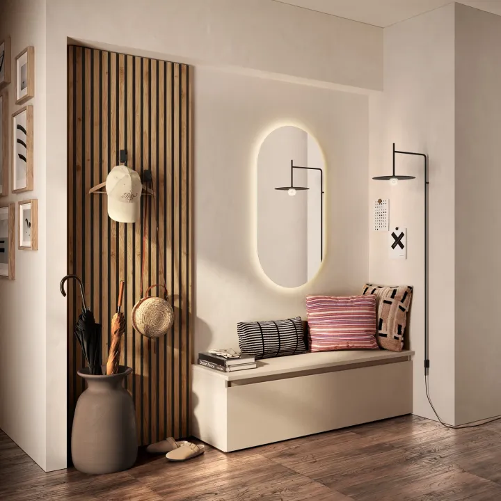 Mobile ingresso 207x180h cm pannello cannettato beige cashmere rovere chiaro Sunset Decor 1018