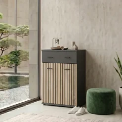 Mobile multiuso ingresso 60x96h cm stampa a righe rovere rustico antracite California Gihome®