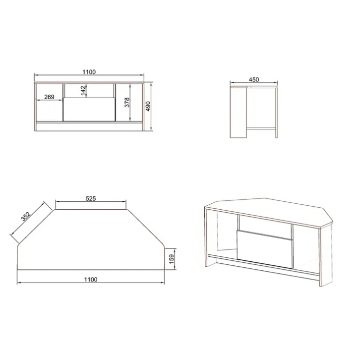 Mobile porta TV angolare 110x49h cm 3 vani 1 ribalta bianco lucido Folk