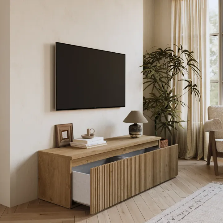 Mobile porta tv cannettato 138x40h cm con cassettone rovere chiaro Sunset Decor