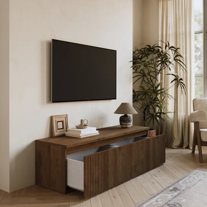 Mobile porta tv cannettato 138x40h cm con cassettone rovere scuro Sunset Decor