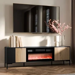 Mobile porta TV moderno 180x54h cm con camino elettrico rovere nero Duble