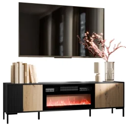 Mobile porta TV moderno 180x54h cm con camino elettrico rovere nero Duble