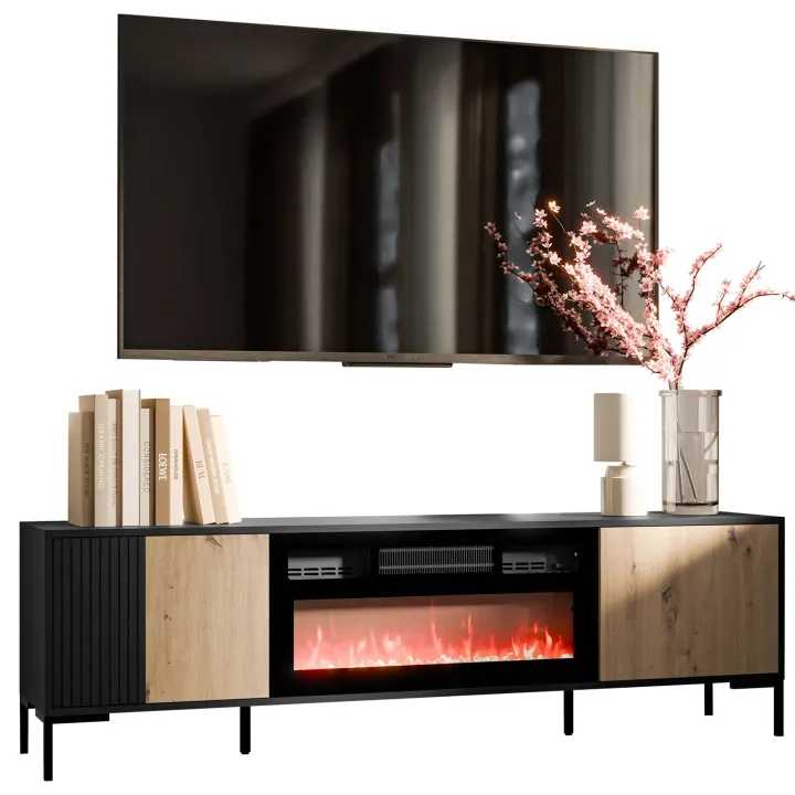 Mobile porta TV moderno 180x54h cm con camino elettrico rovere nero Duble