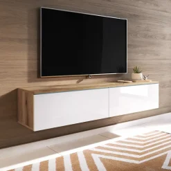 Mobile porta TV sospeso 140x30h cm 2 ante design rovere bianco lucido Silvia