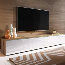 Mobile porta TV sospeso 180x30h cm 2 ante design bianco lucido rovere Silvia