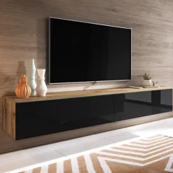 Mobile porta TV sospeso 180x30h cm 2 ante design nero lucido rovere Silvia