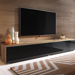 Mobile porta TV sospeso 180x30h cm 2 ante design nero lucido rovere Silvia