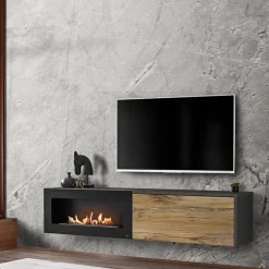 Mobile porta TV sospeso 180x40h cm con caminetto bioetanolo rovere antico antracite Botticelli
