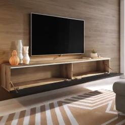 Mobile porta TV sospeso 180x30h cm con LED nero lucido rovere Silvia