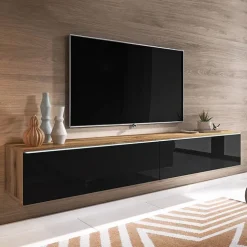 Mobile porta TV sospeso 180x30h cm con LED nero lucido rovere Silvia