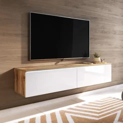 Mobile porta TV sospeso 140x30h cm con LED rovere bianco lucido Silvia