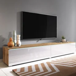 Mobile porta TV sospeso 180x30h cm con LED design bianco lucido rovere Silvia