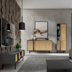Mobile porta tv 163x43 cm 3 ante 2 vani a giorno antracite rovere Essenzia