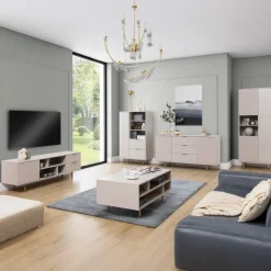 Mobile porta tv 150x52h cm 1 anta 2 cassetti cannettato moderno beige Vanessa