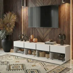 Mobile porta TV 225x48h cm 4 ante a ribalta 4 cassetti moderno bianco opaco nero Lolla