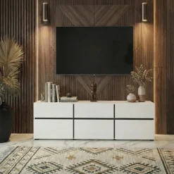 Mobile porta TV 180x48h cm 3 ante a ribalta 3 cassetti bianco opaco nero Lolla