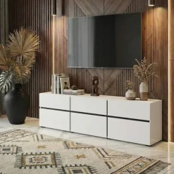 Mobile porta TV 180x48h cm 3 ante a ribalta 3 cassetti bianco opaco nero Lolla