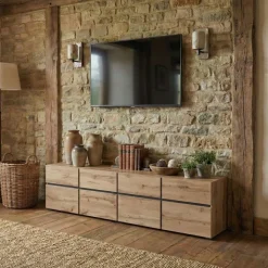 Mobile porta TV 225x48h cm 4 ante a ribalta 4 cassetti moderno rovere nero Lolla
